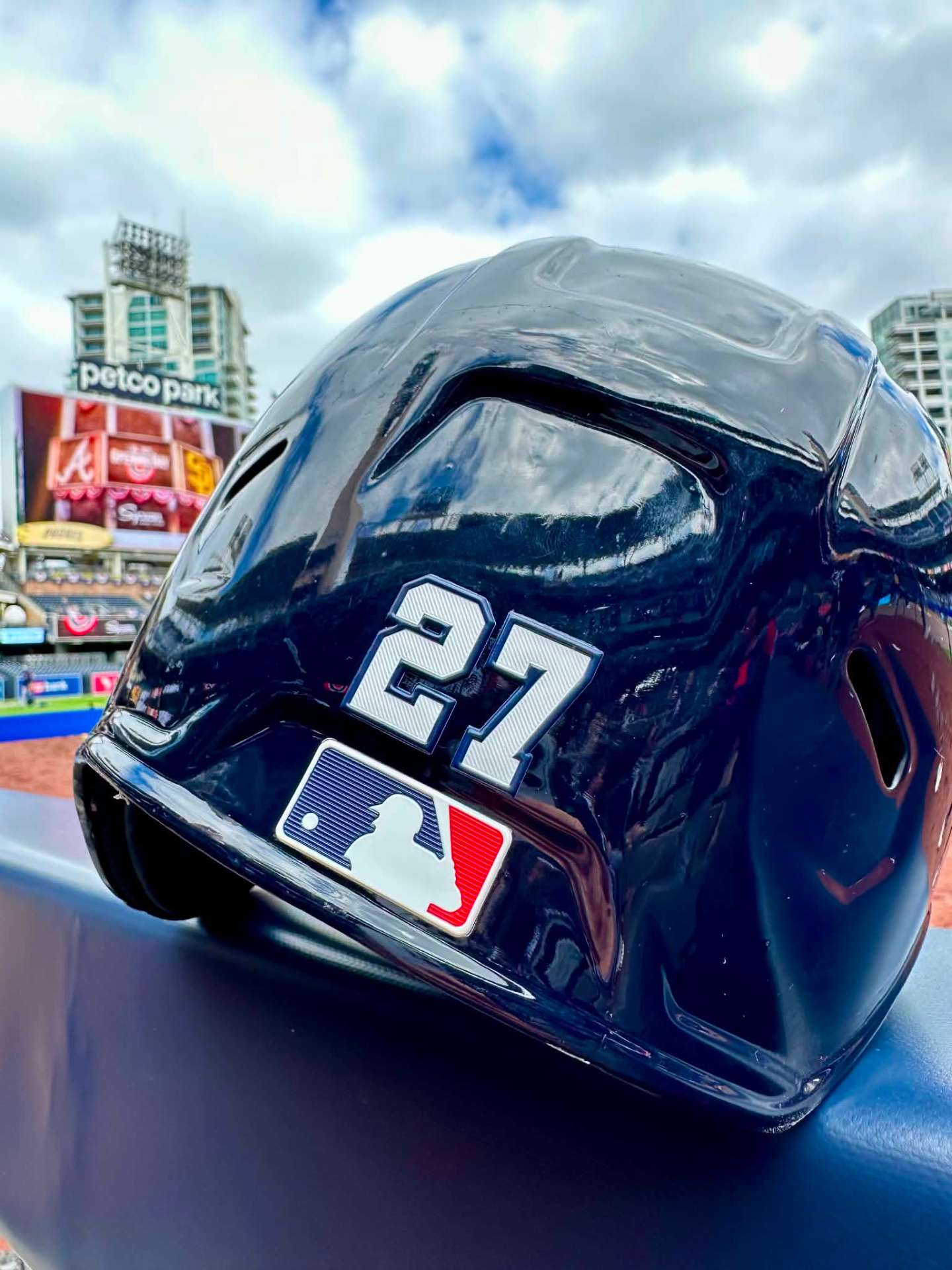 3D dimensional number 27 and MLB bumper on a pro batting helmet